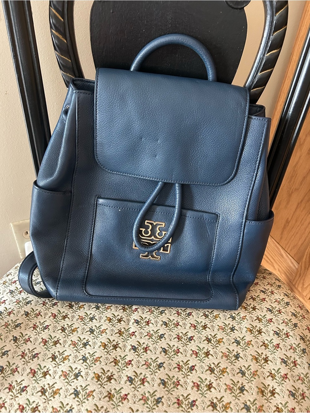 Tory Burch Navy Leather Logo Backpack with Gold Hardware